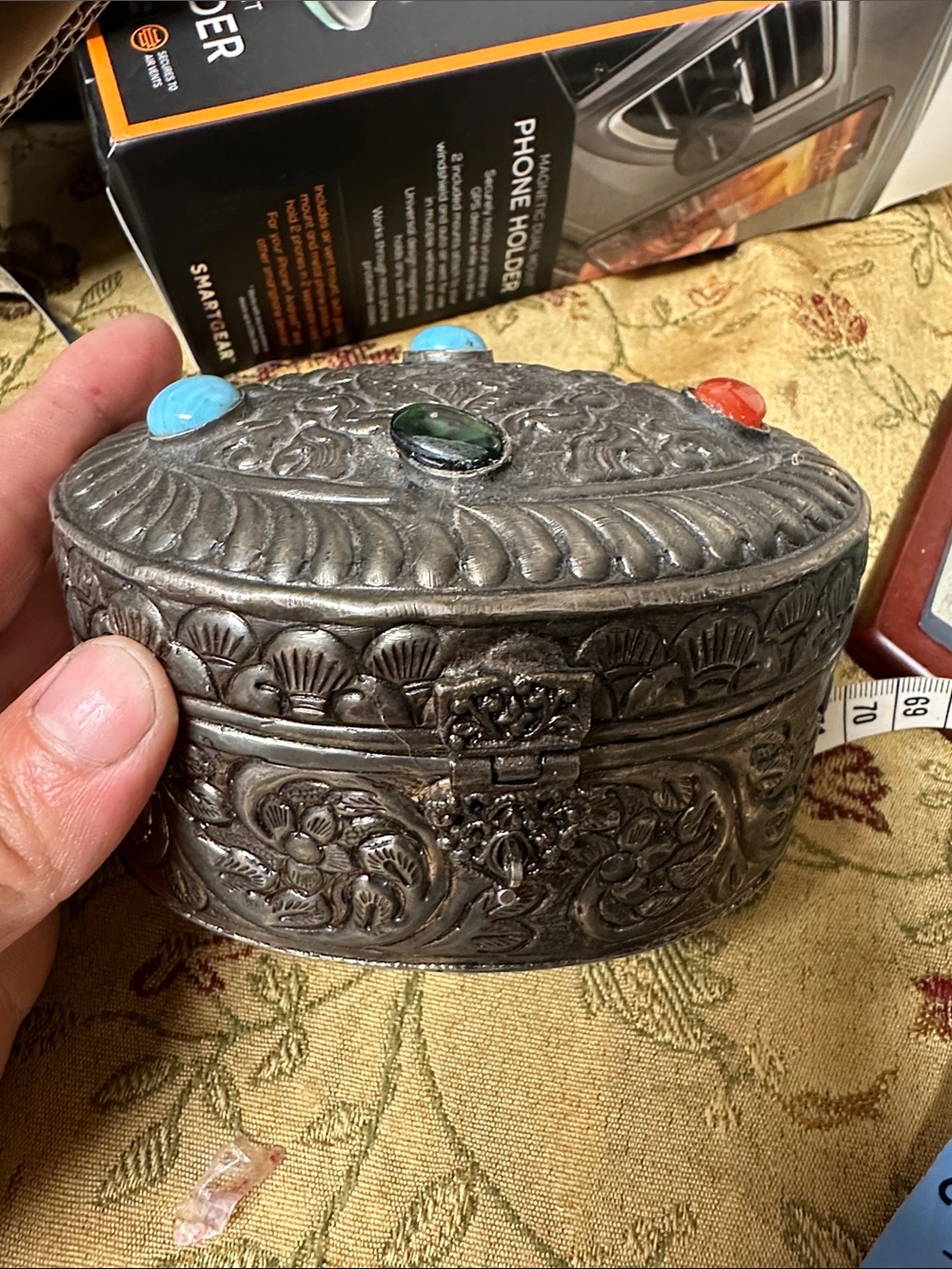 Decorative Oval Metal Jewelry Box with Colorful Gem Accents - Silver